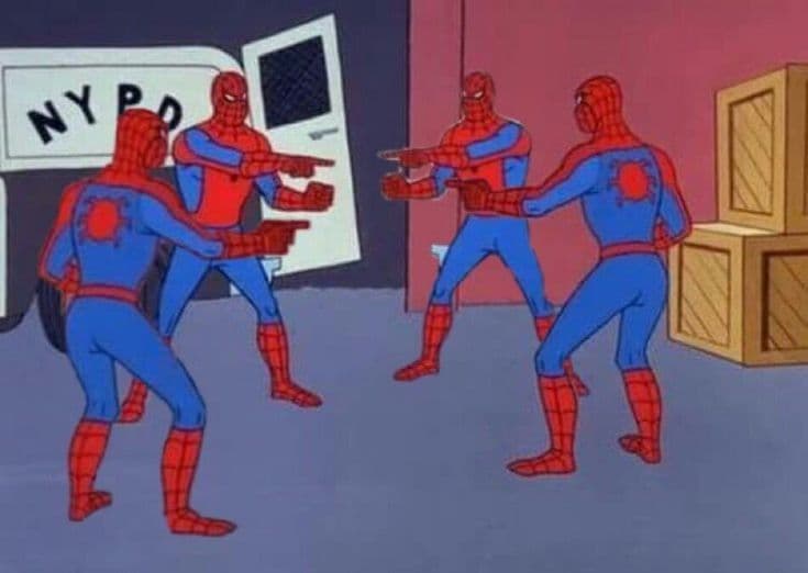 4 Spiderman pointing at each other