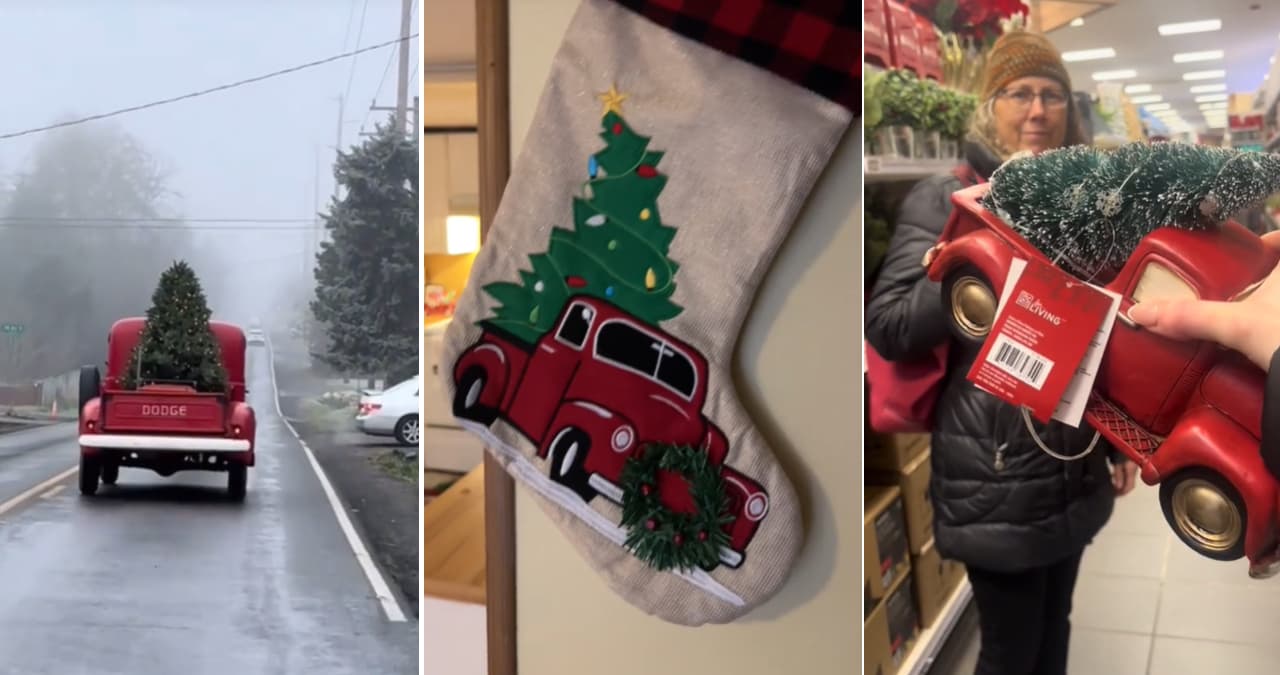 A Little Red Truck Hauling a Christmas Tree meme template - Red Truck Christmas