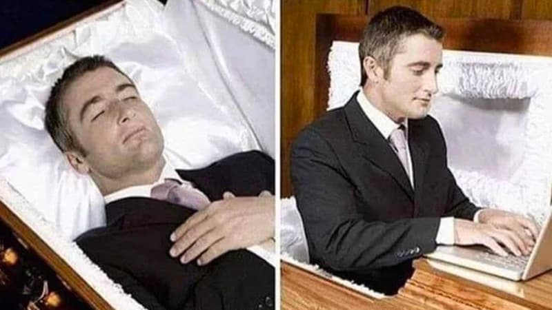 Deceased Man in Coffin Typing on a Laptop meme template - Deceased Man in Coffin Typing