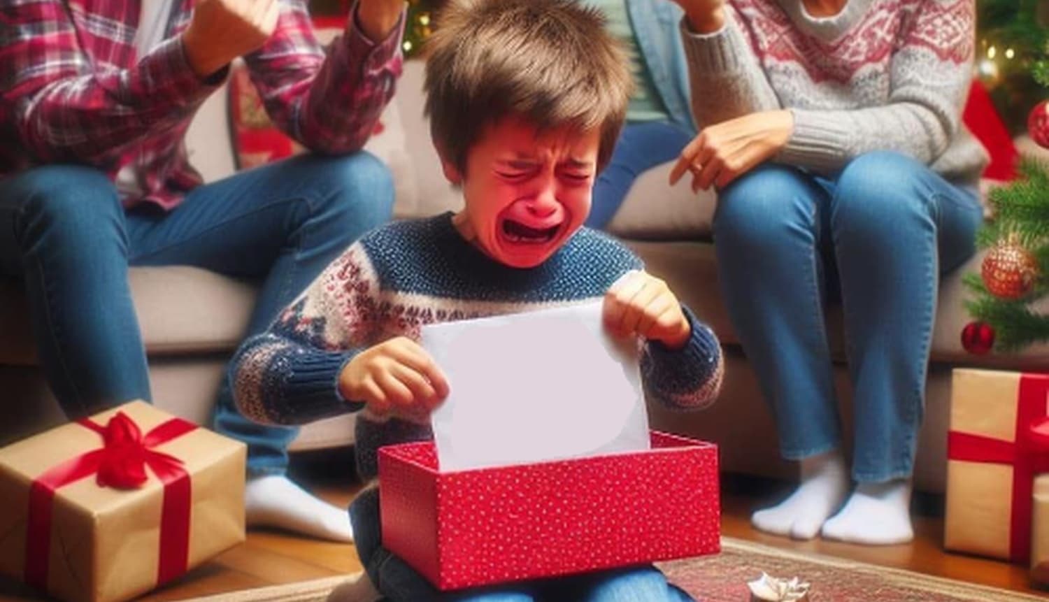 Family Laughing At Crying Child Opening Christmas Present meme template - Family Laughing At Crying Child