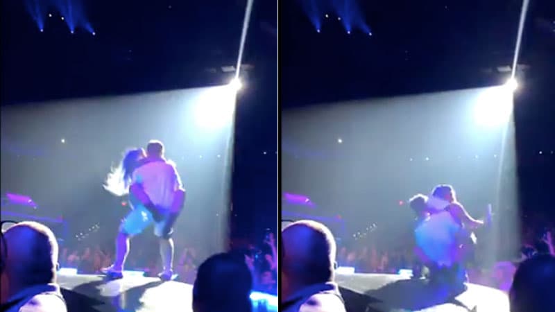 Fan Dropping Lady Gaga Off a Stage meme template - Fan Dropping Lady Gaga
