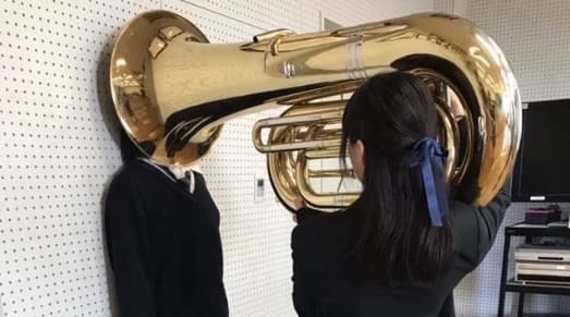 Girl Putting Tuba On Girl's Head meme template - Girl Putting Tuba On Girl's Head