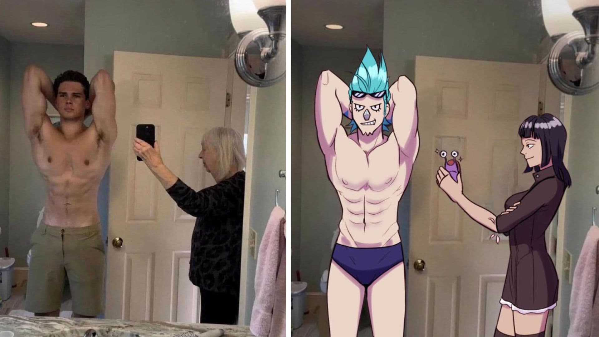 Grandma Taking Photo of Grandson In Bathroom Mirror meme template - Grandma Taking Photo