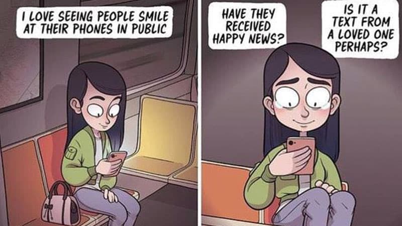 I Love Seeing People Smile at Their Phones in Public meme template - Smile at Phone
