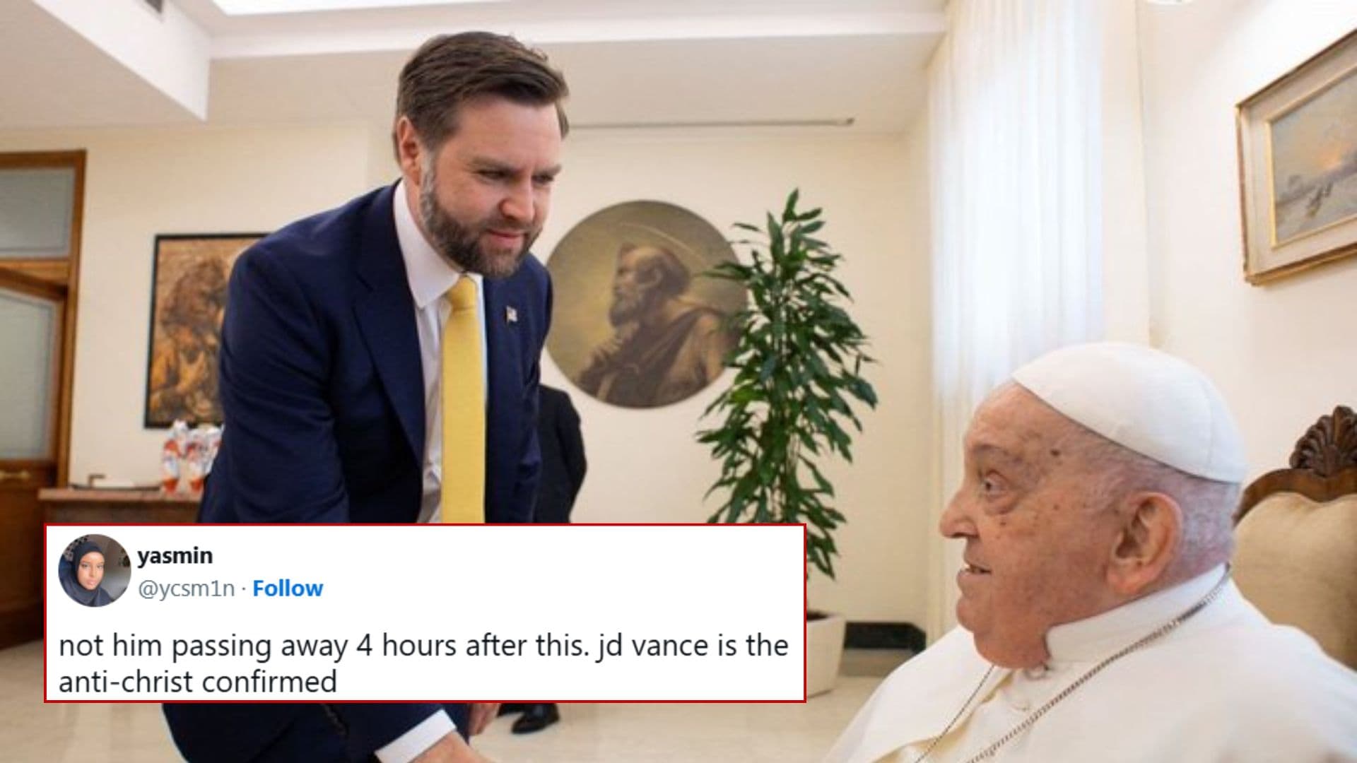 J.D. Vance Killed Pope Francis Theory meme template - J.D. Vance Pope Francis
