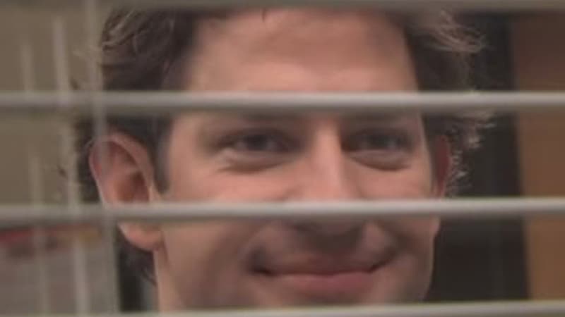 Jim Halpert Smiling Through Blinds meme template - Jim Halpert Blinds