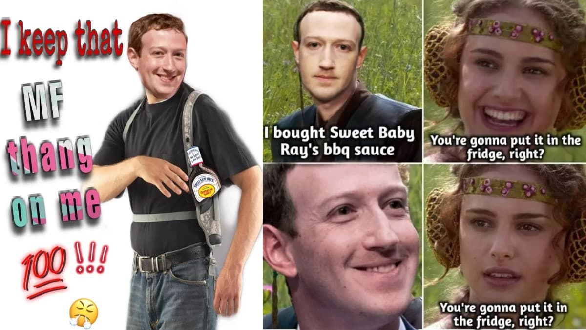 Mark Zuckerberg and Sweet Baby Ray's BBQ Sauce meme template - Mark Zuckerberg BBQ
