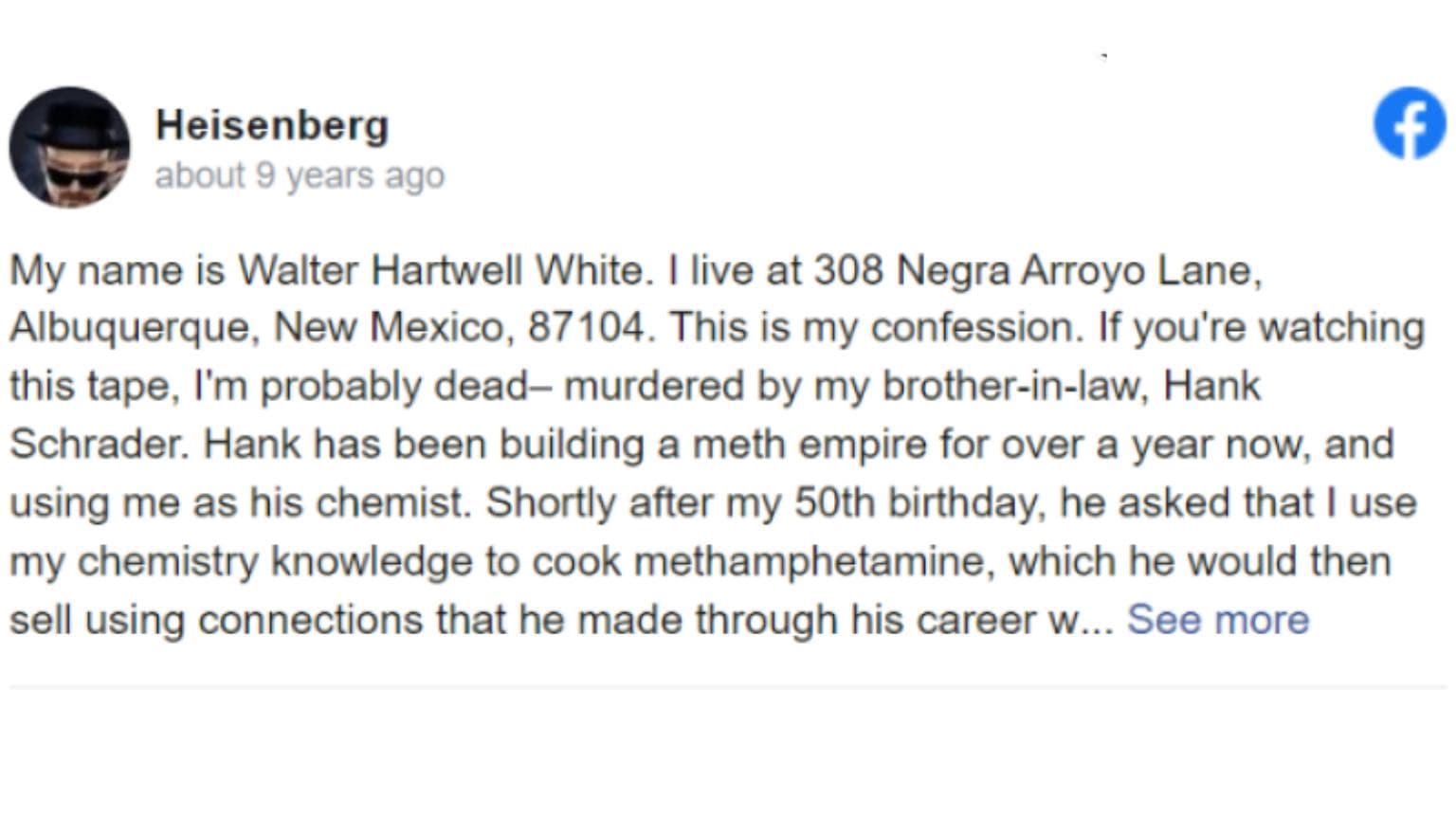 My Name is Walter Hartwell White Confession Copypasta meme template - Walter Hartwell White Confession