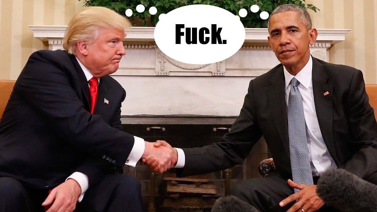 Obama and Trump Shaking Hands meme template - Obama and Trump Shaking Hands
