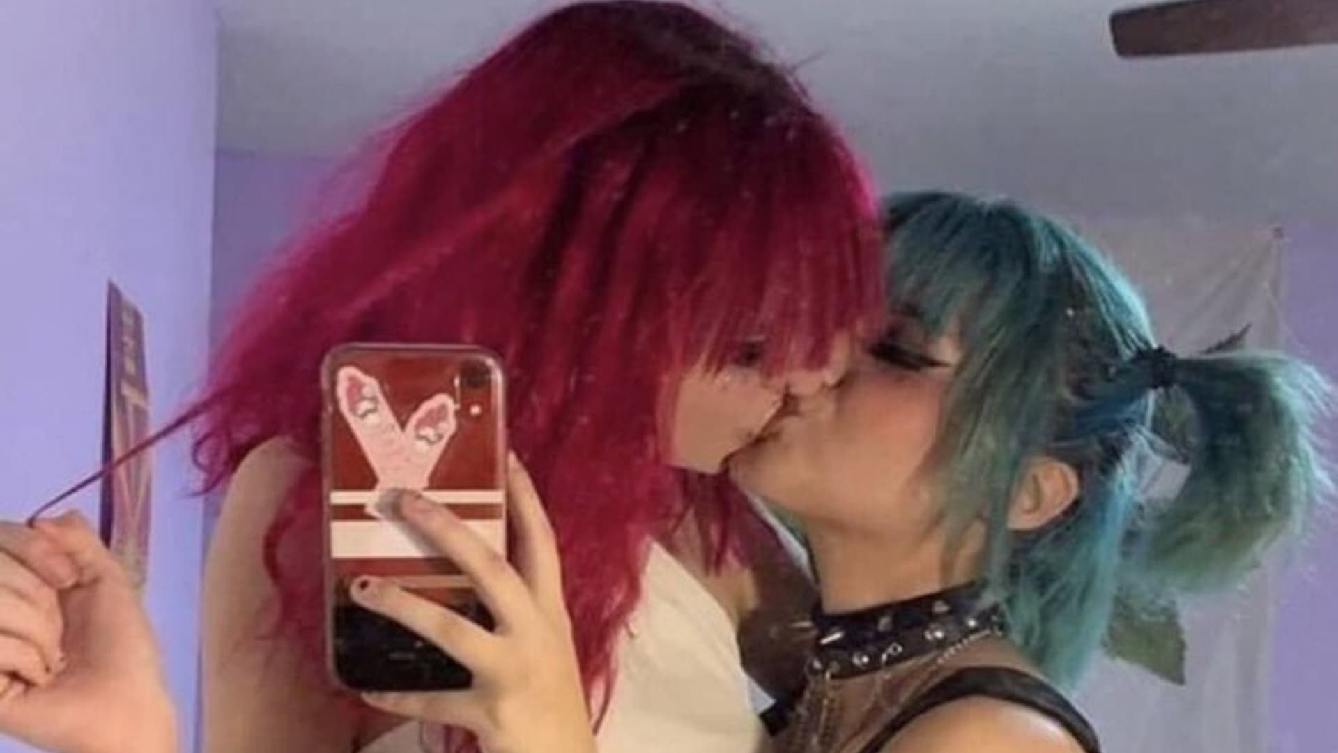 Red Hair E-Girl and Blue Hair Goth Girl Making Out Selfie meme template - Red Hair E-Girl Blue Hair Goth