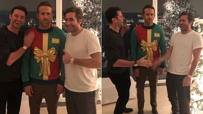 Ryan Reynolds Between Hugh Jackman and Jake Gyllenhaal meme template - Ryan Reynolds Ugly Sweater