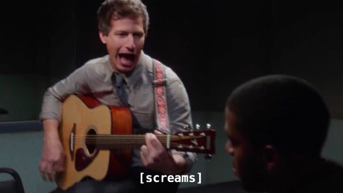 Screaming Jake Peralta Playing Guitar meme template - Screaming Jake Peralta