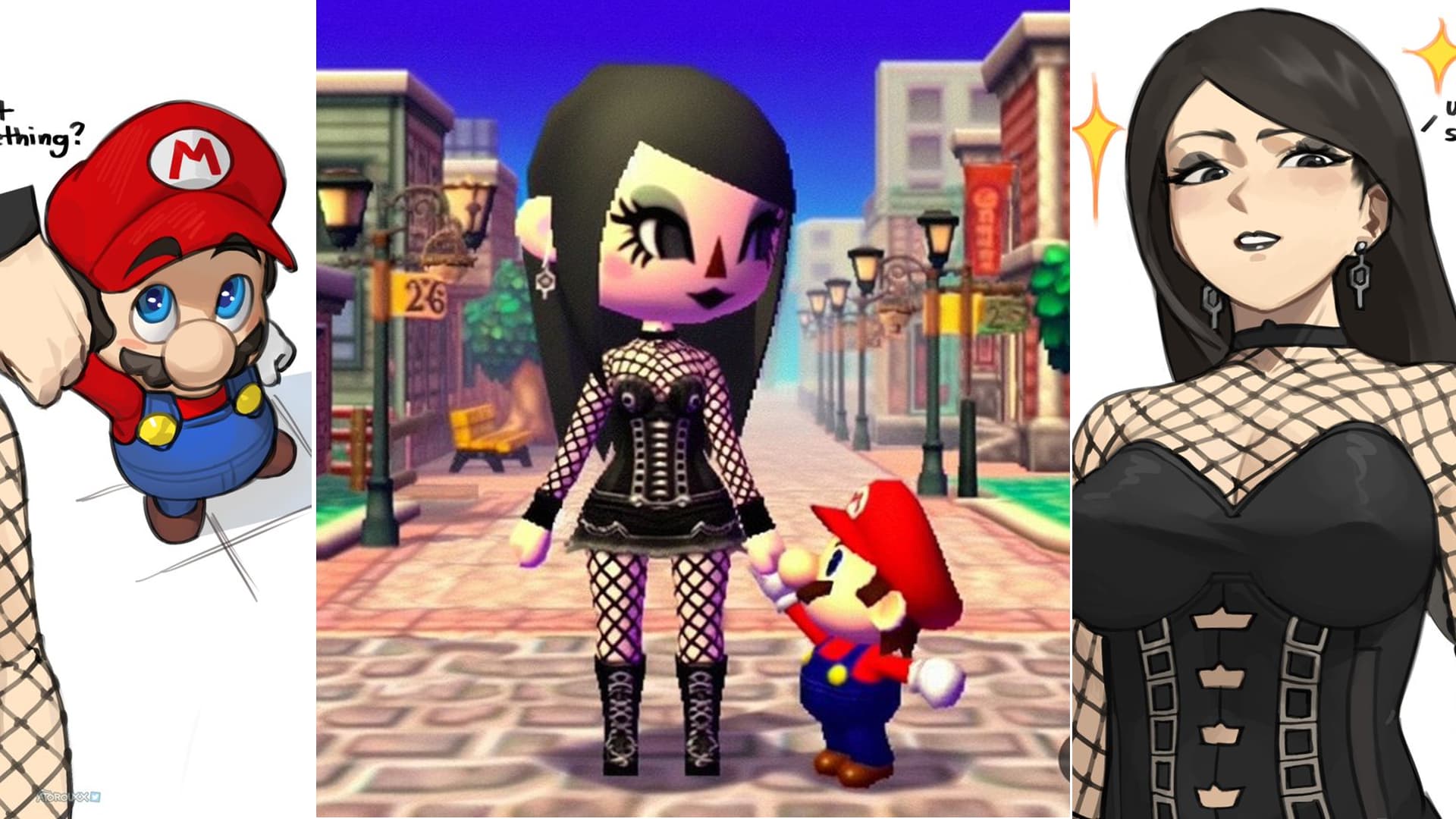 Short Mario Holding Tall Goth Girl's Hand meme template - Short Mario Goth Girl