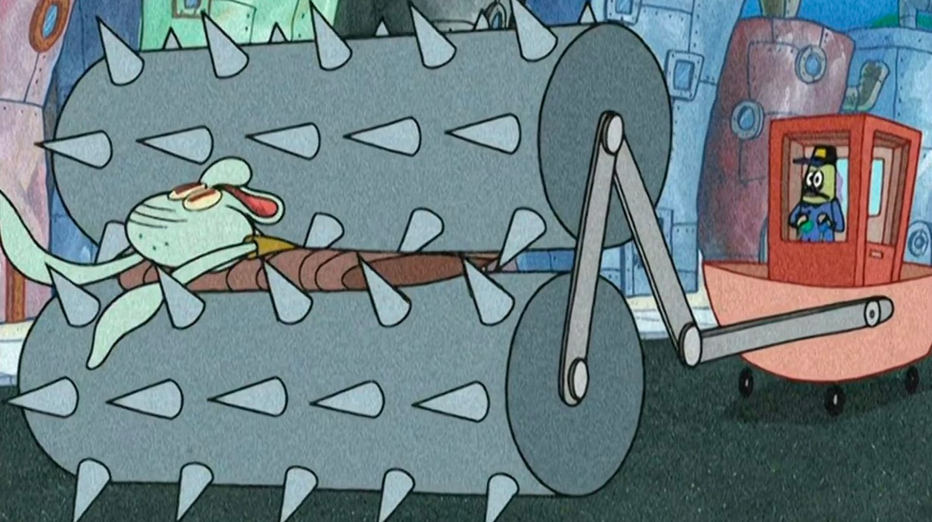 Squidward Crushed by Spike Rollers / What Is the Purpose of This Machine? meme template - Squidward Spike Roller