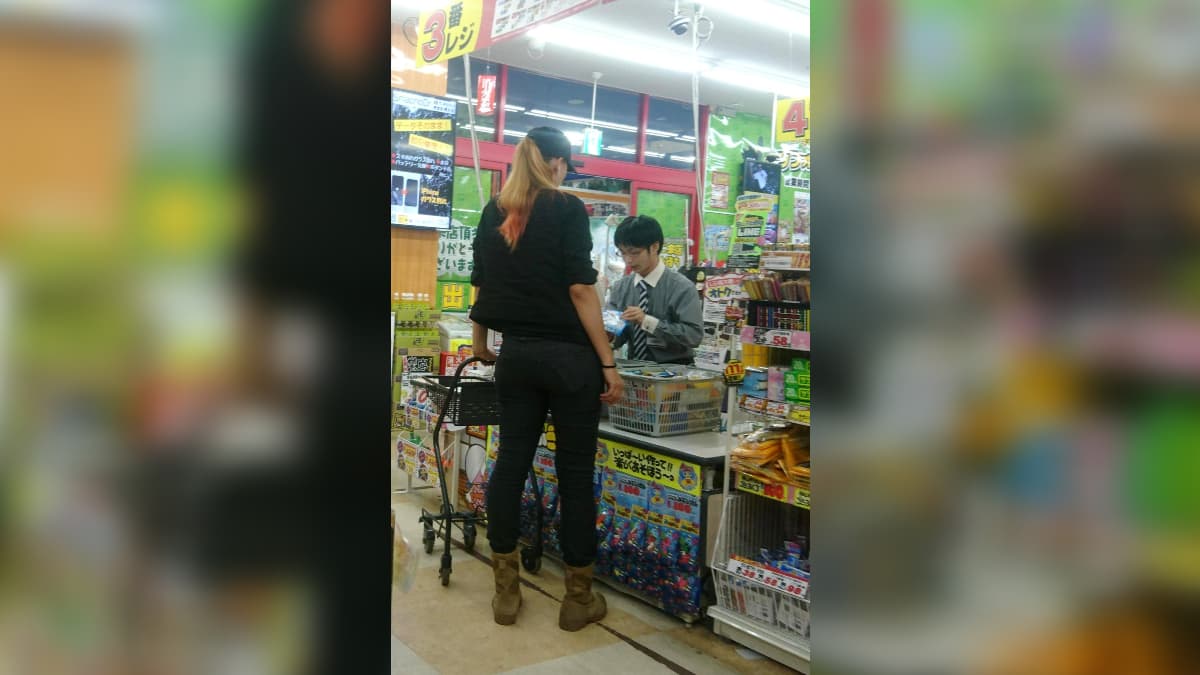 Tall Lady Shopping In Japanese Store meme template - Tall Lady Shopping