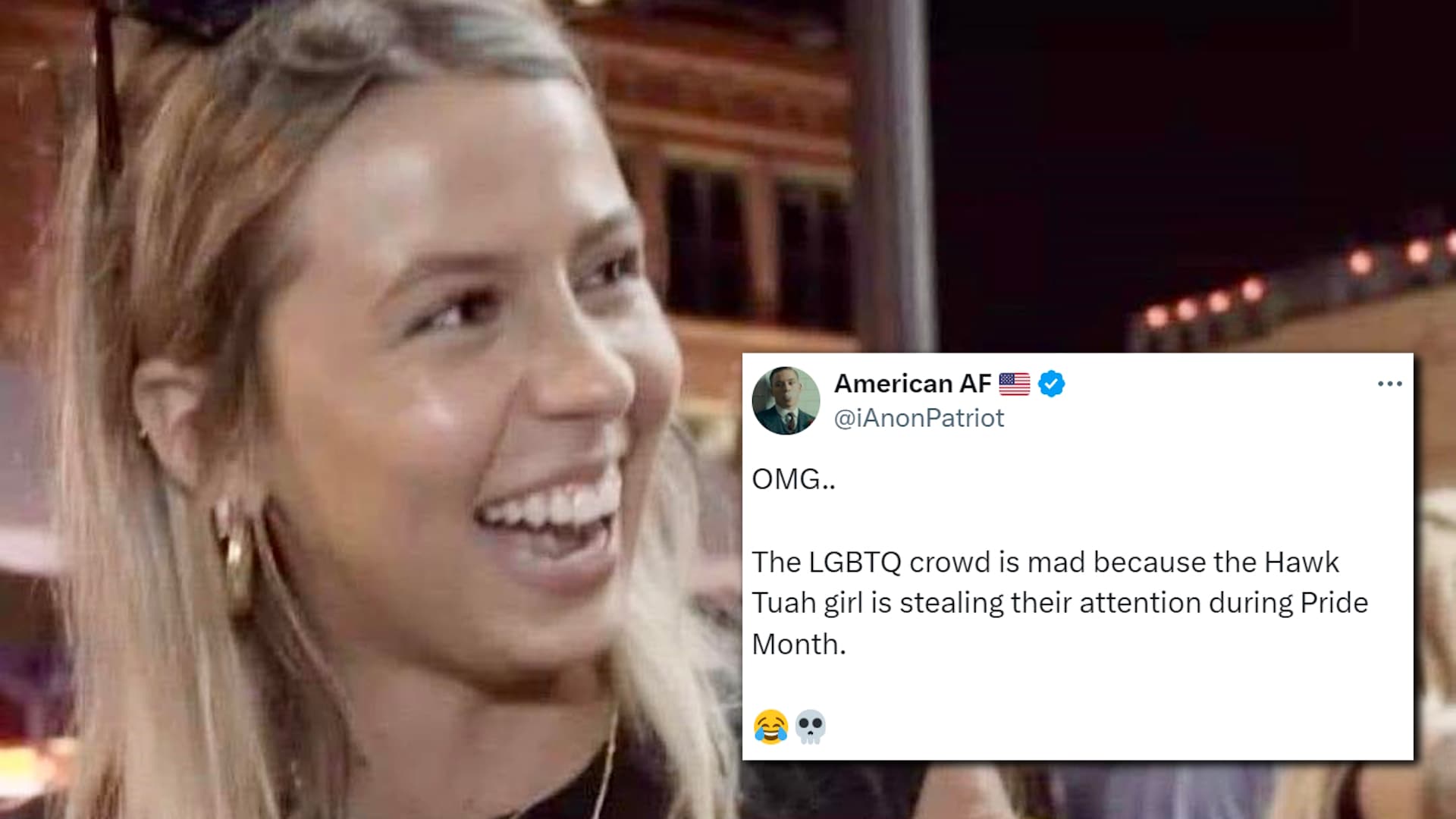 The LGBTQ Crowd Is Mad Because the Hawk Tuah Girl Is Stealing Their Attention meme template - Hawk Tuah Girl