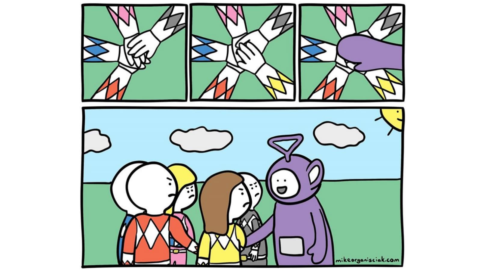 Tinky Winky Joins Hand Stacking meme template - Tinky Winky Hand Stacking