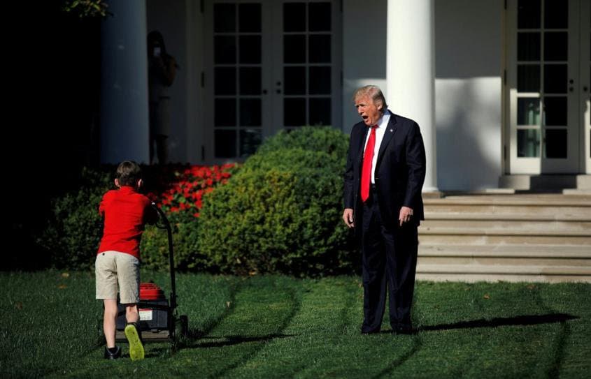 Trump Yelling at Lawn-mowing Boy meme template - Trump Yelling at Lawn Boy