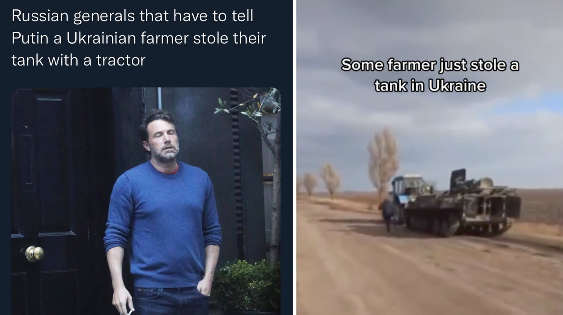 Ukrainian Farmers vs. Russian Army meme template - Ukrainian Farmer Tractor